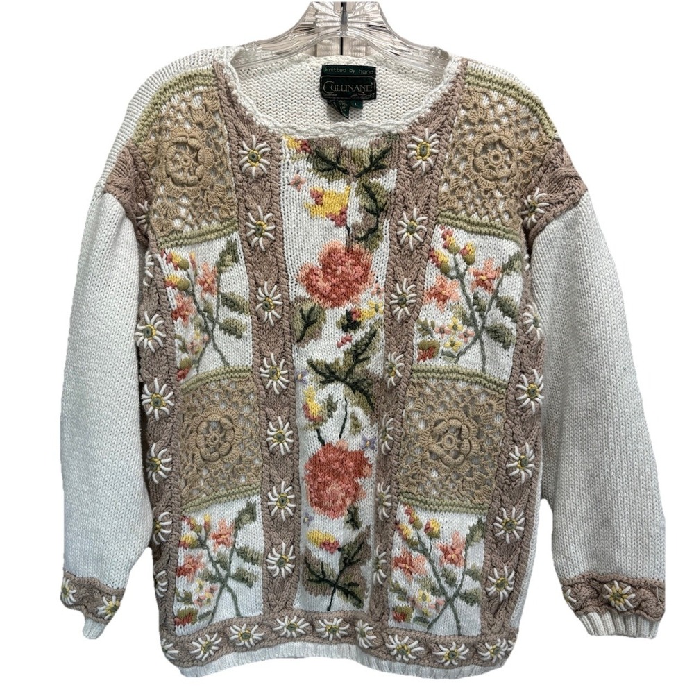 Cullinane‎ Hand Knit/Crochet Cream/Brown Floral Sweater Long Sleeve Size L Heavy